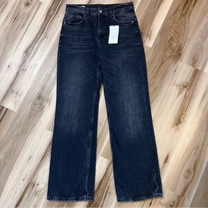 NEW ZARA Women’s 8 (32x33) Distressed Black Denim Jeans Wide Leg Full Length NWT
